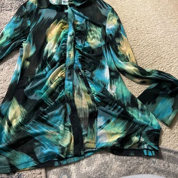 WOMENS LONG SLEEVE TOP BUTTON UP RUCHED TIE DYE SEMI SHEER FUTURE COLLECTIVE M - Picture 7 of 10